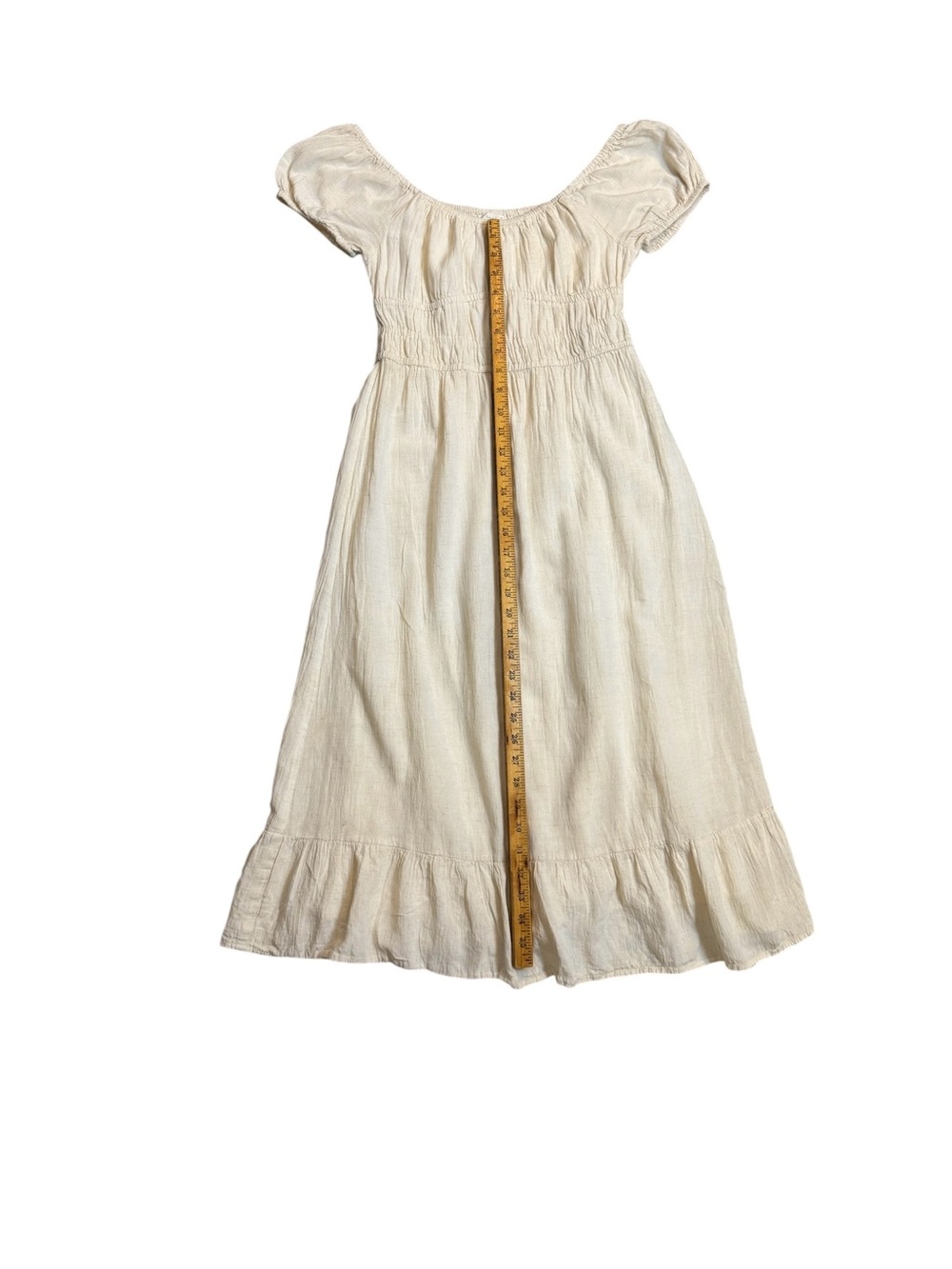 SIM & SAM Cream Linen Blend Smocked Midi Dress Size M Cottagecore Boho - Picture 3 of 6